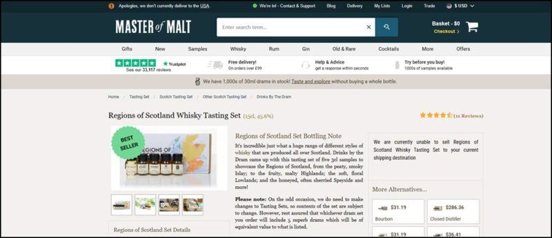 A website screenshot from Master of Malt, showing plenty of information and a selection of small bottles of whiskey