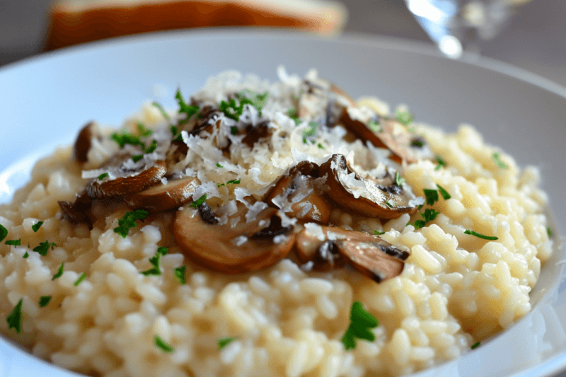 A large white bowl containing freshly made rice risotto, topped with mushrooms and parmesan cheese