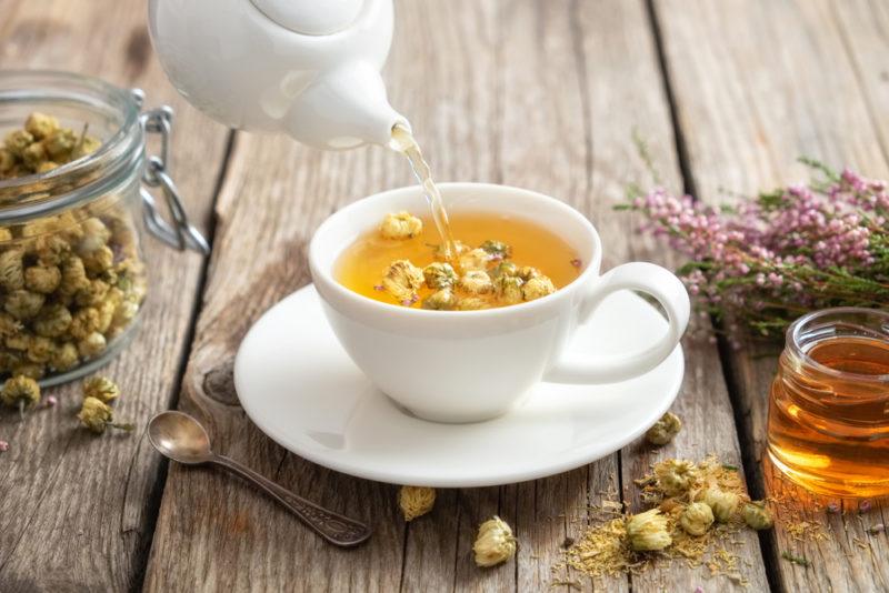 A white mug with chamomile