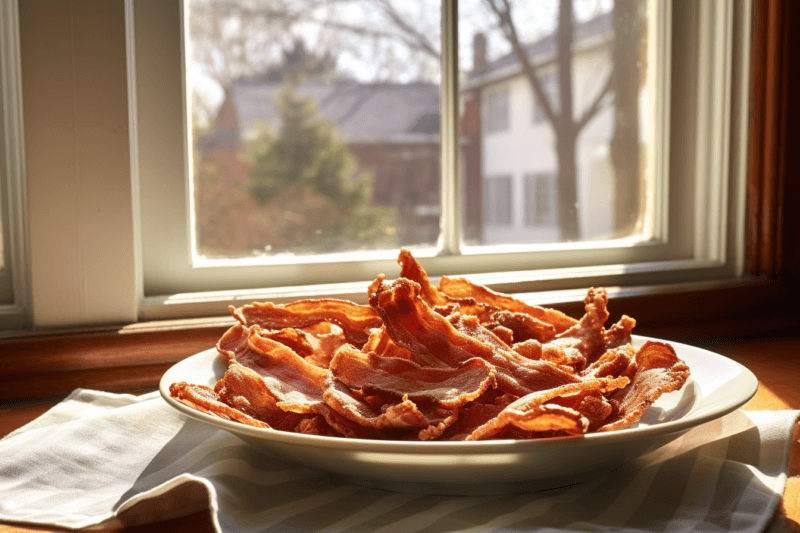 A white plate of freshly cooked bacon in front of a window.