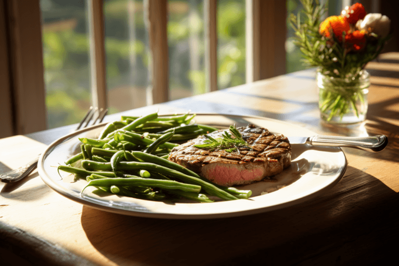 A white plate with a piece of steak and some green beans, on a table with some flowers and a window in the background.