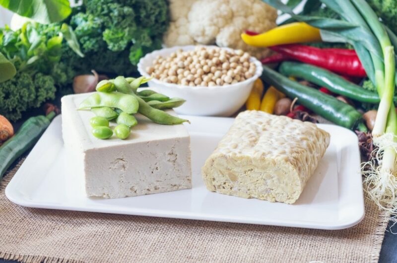 A white plate with a block of tofu, one of tempeh, and some soybeans, with more soy and vegetables in the background