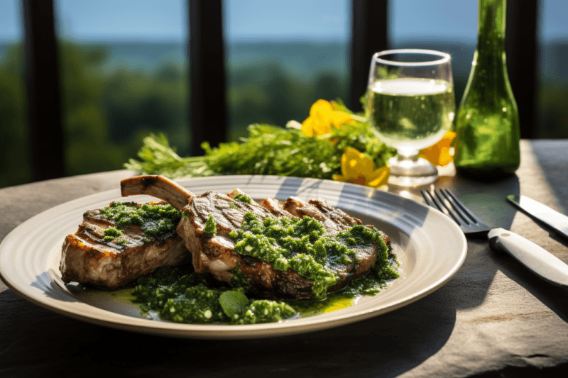 A white plate with two lamb chops covered in mint sauce next to a window.