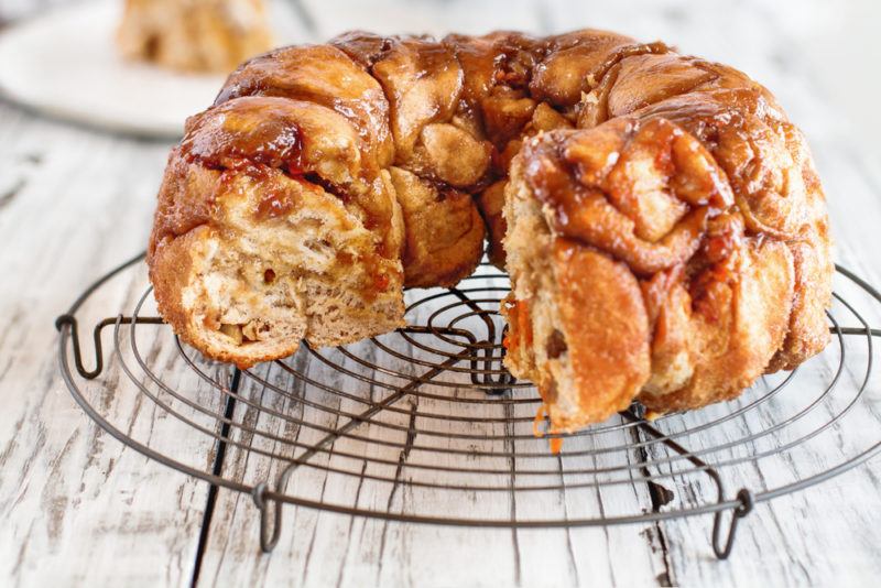 A dish of monkey bread on a cooling rack