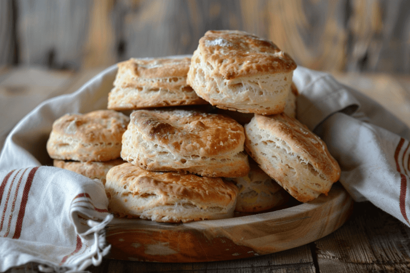 A large dish with a stack of buttermilk biscuits, with a cloth wrapped around the outside.