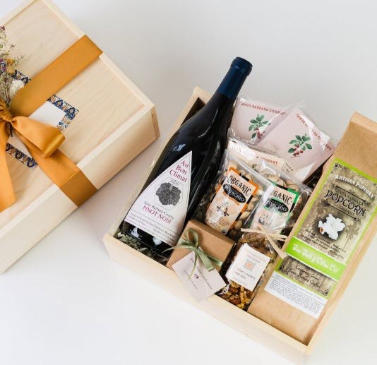 Abundant Au Bon Climat Gift Box | Food For Net An interesting gift box with pinot noir and various snacks