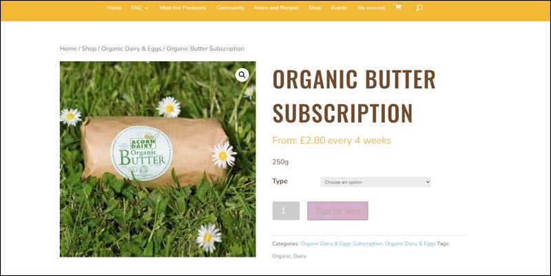 Screenshot of the website for Acorn Dairy Butter Subscription