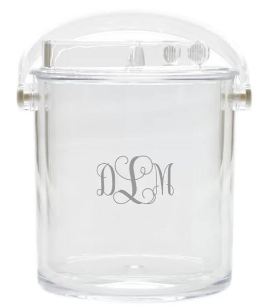 Acrylic Ice Bucket With Tongs | Food For Net A plastic bucket with the letters DLM written on it.