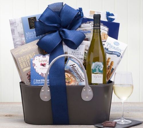 Alfasi Chardonnay Kosher Wine Gift Basket | Food For Net A blue and gray gift basket with a bow