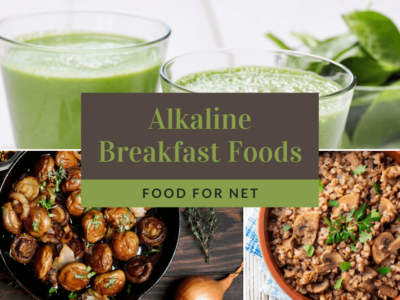 Two glasses of an alkaline smoothie, fried mushrooms in a pan and a bowl of buckwheat porridge