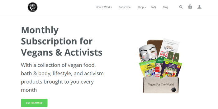 All Around Vegan website screenshot showing a box from Vegan for the World. It includes various snacks, a mask and a book. 