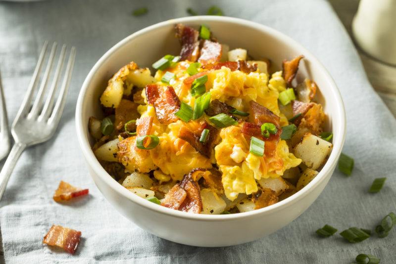 A breakfast protein bowl with eggs