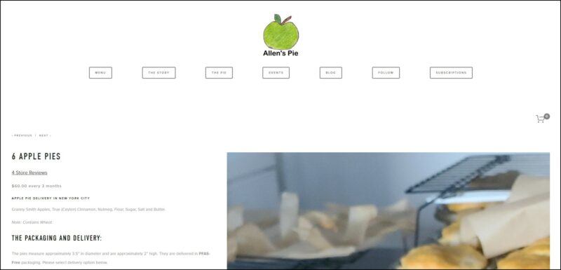 screenshot of Allen’s Pie Apple Pie Subscription's web page, dominantly white with the company's name and logo on top followed by the main menu, page is displaying the information about the pie subscription accompanied by an image of pies