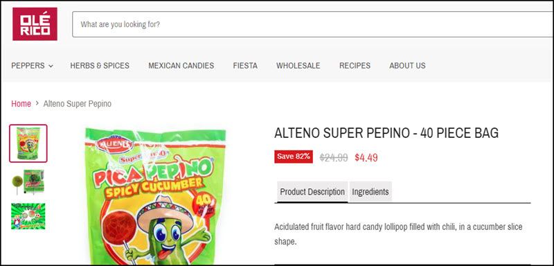 A website screenshot showing Alteno Super Pepino Chili lollipops