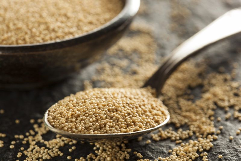 A metal spoon and bowl containing amaranth