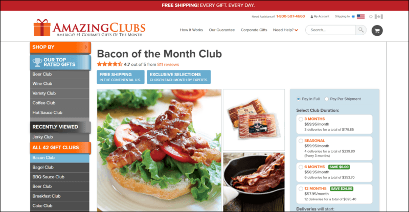 screenshot of Amazing Clubs Bacon Of The Month Club's web page with a red bar on top followed by the white header with the website's name and navigation menu, the main content area displays the details of the bacon subscription accompanied by images of bacon