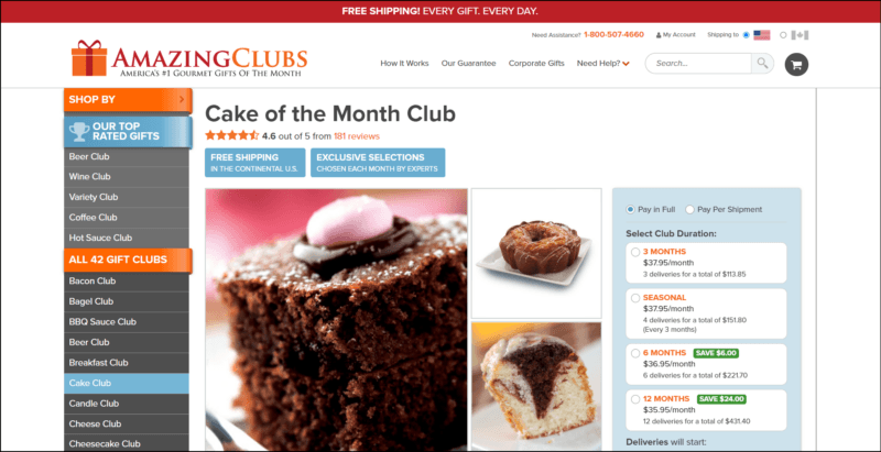 screenshot of Amazing Clubs Cake of the Month Club's web page, with a dark red bar on top followed by white header bearing the website's name along with the main navigation menu, the main content shows the details of the cake subscription plans accompanied by cake images, on the left-hand side is a grey side menu bearing the different clubs offered by the website