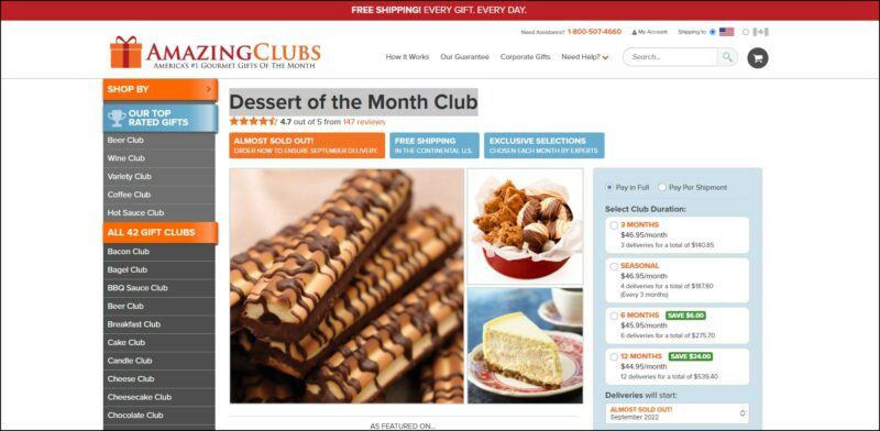 screenshot of Amazing Clubs Dessert of the Month Club's web page with a red announcement bar on top followed by the website's name, menu, and search bar, there is a side bar of the different categories, the page displays the details of the subscription plans along with some dessert images