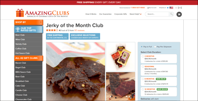 screenshot of Amazing Clubs Jerky of the Month Club's web page with a red bar on top followed by a white header with the website's name/logo and the navigation menu, followed by the white main content area with the details of the subscription along with jerky images, grey side bar on the left hand side bearing the other subscription clubs offered by the website