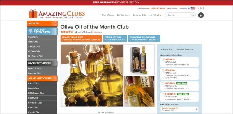 screenshot of Amazing Clubs Olive Oil of the Month Club's web page, with red announcement bar, underneath is the website's name with the main menu, the page is showing the different subscription plans accompanied with olive oil images, with a dark grey side bar on the left-hand side