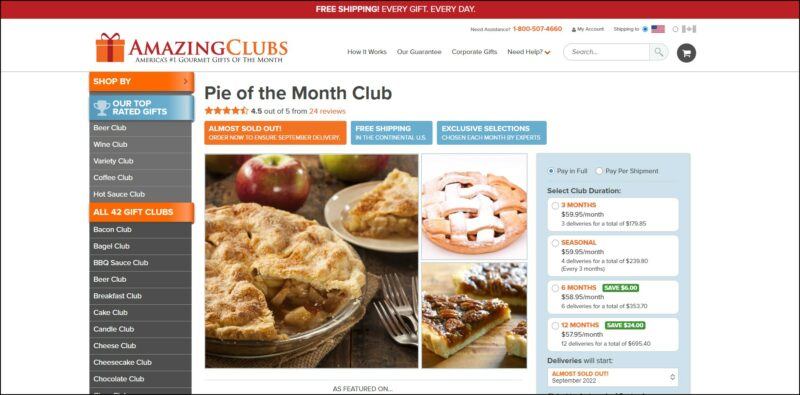Amazing Clubs Pie of the Month Club | Food For Net screenshot of Amazing Clubs Pie of the Month Club's web page, with dark red announcement bar on top followed by the website's name and main menu, page shows the details of the subscription accompanied by photos of pies