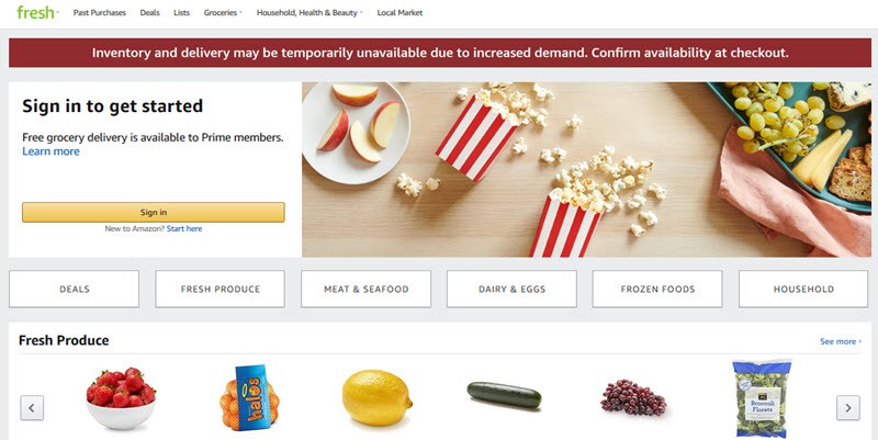 Amazon Fresh Website Screenshot showing popcorn and various foods