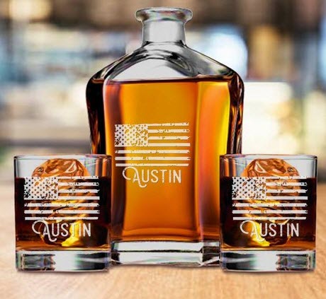 American Flag Engraved Whiskey Decanter | Food For Net Whiskey decanter and two glasses with an American flag
