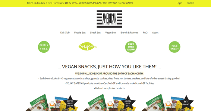 American Gluten Free Vegan Snack Box website screenshot showing a white background and various details about the snacks. There are also three identical images of the boxes. 