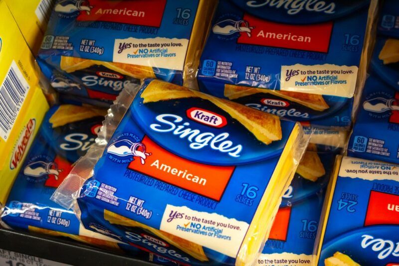 Kraft singles in packets from the stores, highlighting the idea of fake American cheese