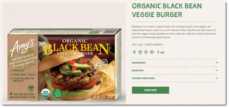 A website screenshot from the Amy's site, showing their black bean burger