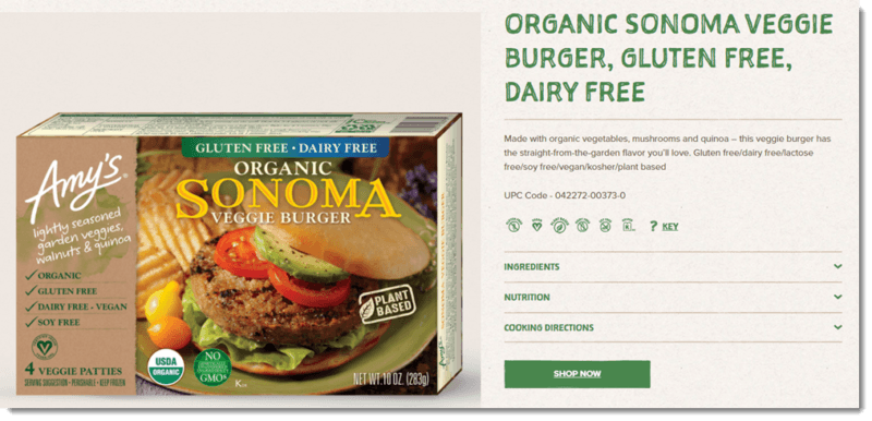 A box of Amy’s Organic Sonoma Veggie Burgers on the company's website