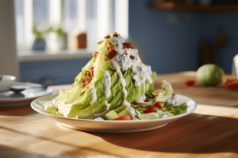 A white plate with an iceberg lettuce wedge salad, complete with bacon and salad dressing