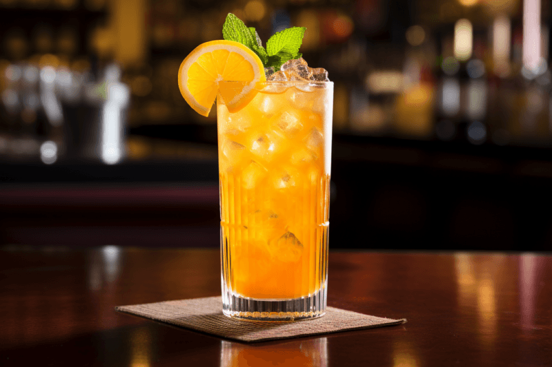 A tall glass containing an orange crush cocktail made with plenty of ice, garnished with mint and an orange. There is an out of focus bar in the background.