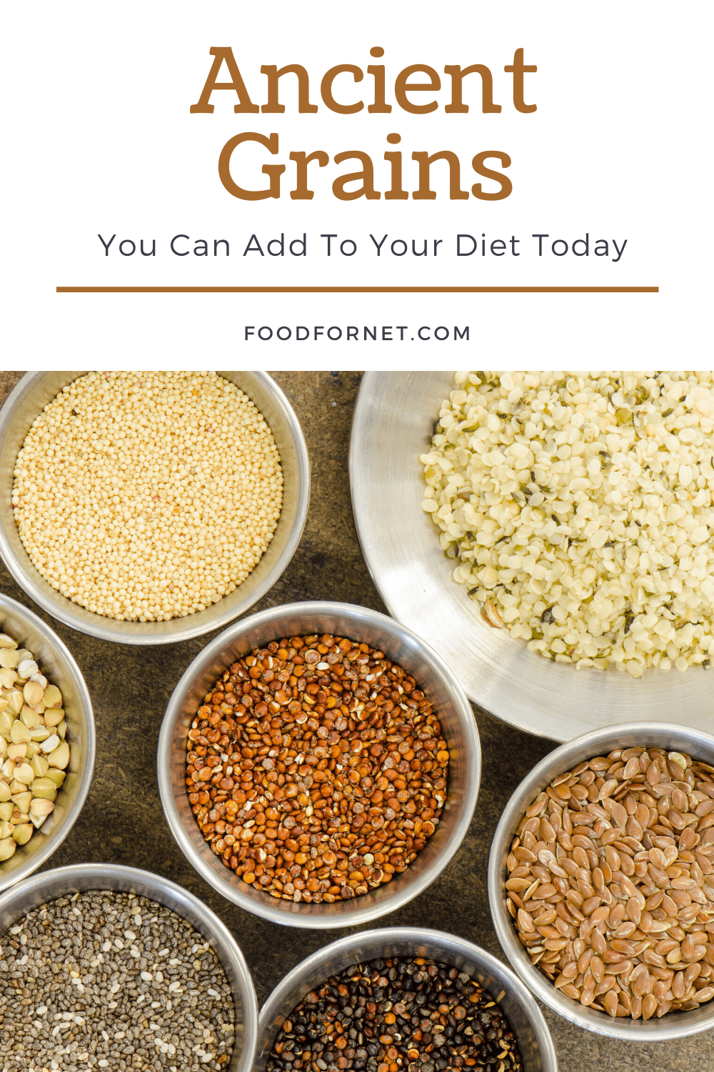 White bowls containing various types of ancient grains on a table