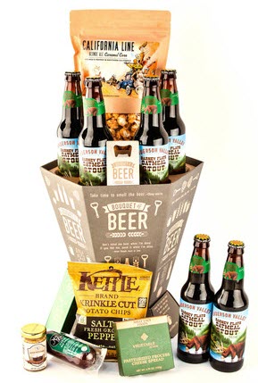 Beer bouquet containing 6 bottles of beer, a bottle opener and various snacks. 