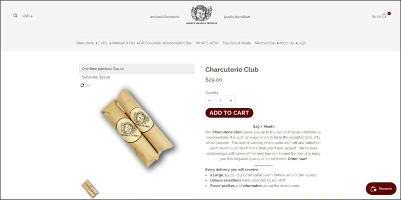 screenshot of Angel's Salumi Charcuterie Club's web page, with dominantly white page with the website's logo on top followed by the main menu, page is showing the details of the club subscription with an accompanying image of the two salamis included in the package.