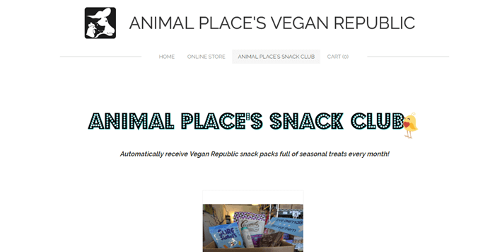 Animal Place’s Snack Club website screenshot showing a small image of the box from the company, along with text that talks about the club. 