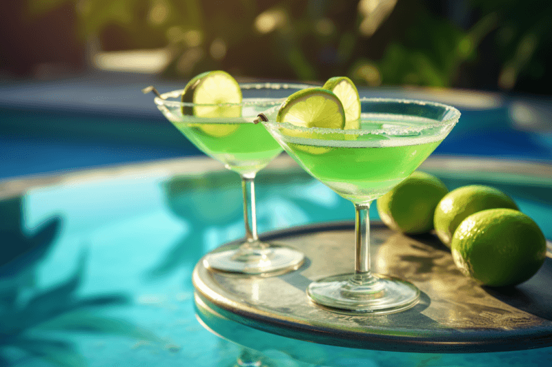 Two martini glasses containing apple martini cocktails on a board next to a pool