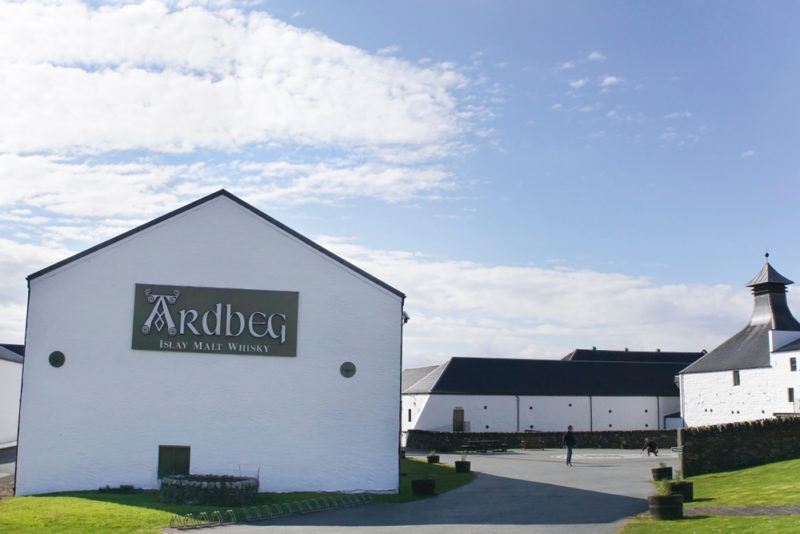 Ardbeg distillery with logo on building