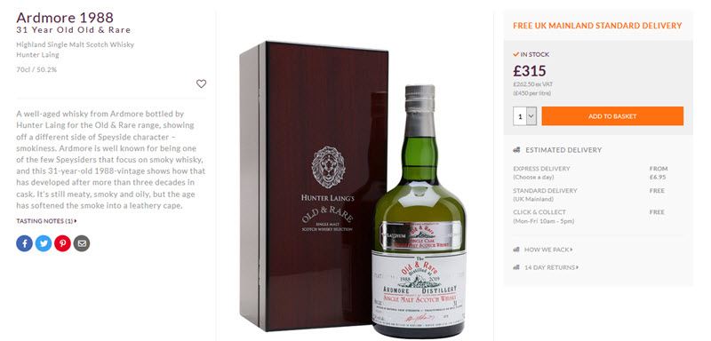 A bottle of Ardmore 1988 with a description and shipping details