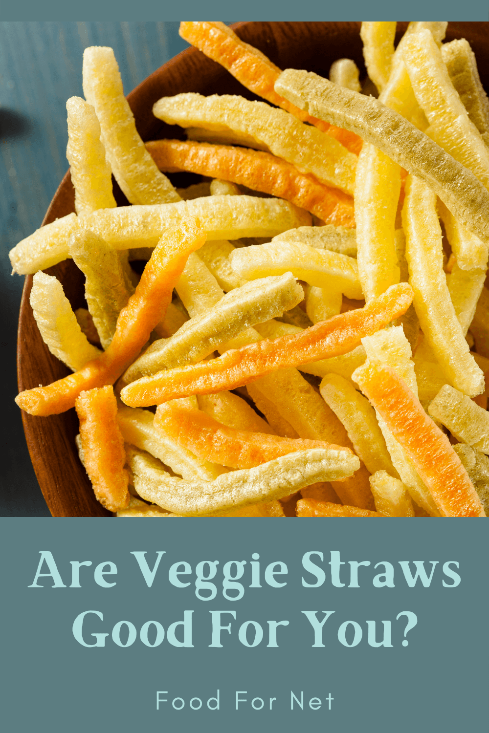 A brown bowl filled with veggie straws against a blue background, looking at whether veggie straws are good for you