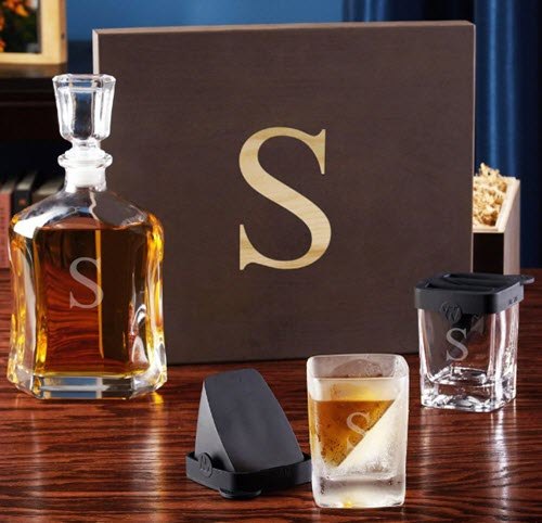 Argos Decanter Set With Wedge Glasses | Food For Net A whiskey decanter and wedge glasses with an S engraved