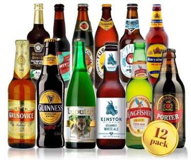 A selection of 12 beers from different countries.