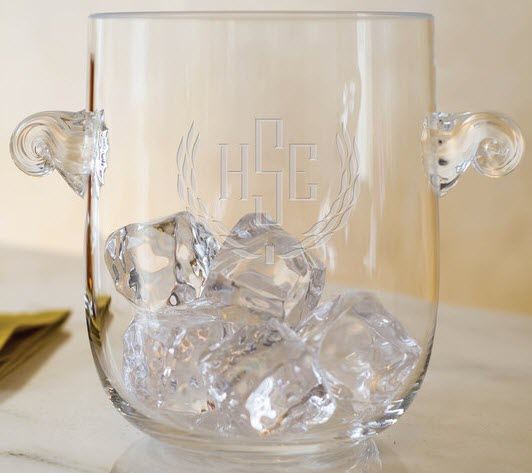 Atelier Ice Bucket | Food For Net A glass ice bucket with ice and an HSE engraving