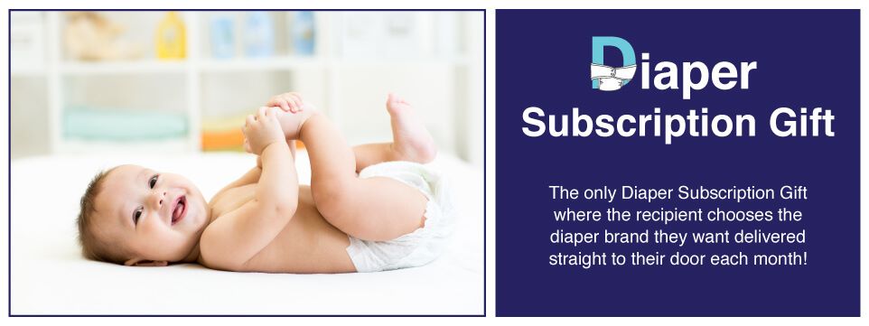 Baby laying on its back playing with its feet smiling a the camera, on the right white text on dark blue says Diaper Subscription Gift The Only diaper gift where the recipient chooses the diaper brand they want delivered to their door each month