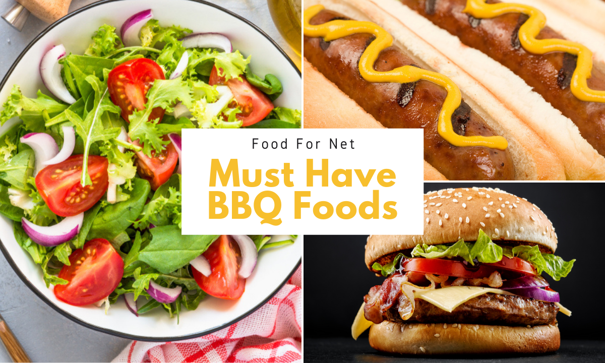 Three types of BBQ foods, including a salad, hot dogs, and a hamburger