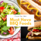 Three types of BBQ foods, including a salad, hot dogs, and a hamburger