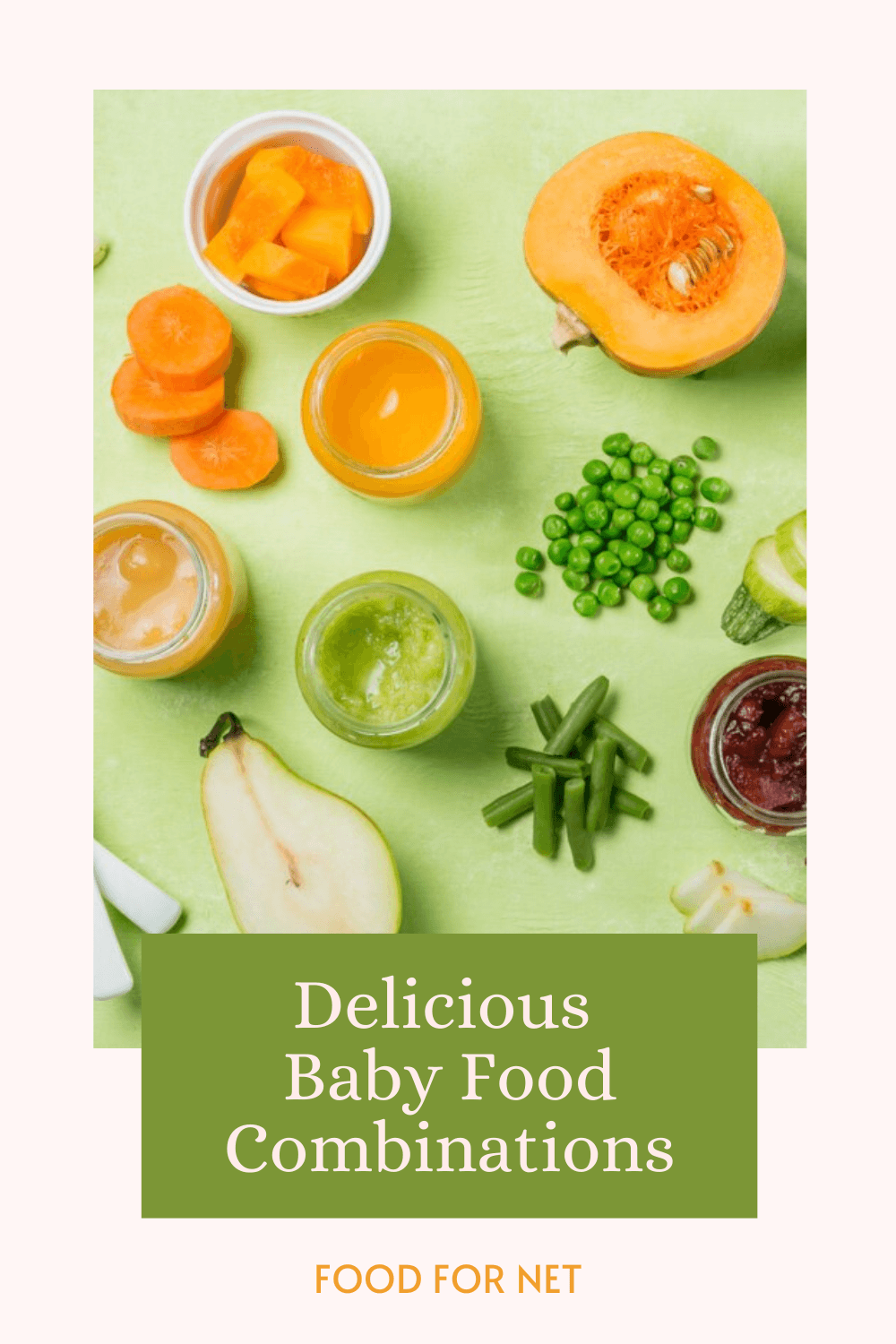 Small glass containers of baby food and a variety of fresh fruit and vegetables on a light green background 