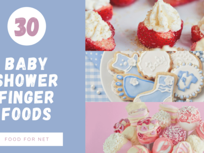 Three types of finger foods for a baby shower, including strawberries, cookies, and marshmallows