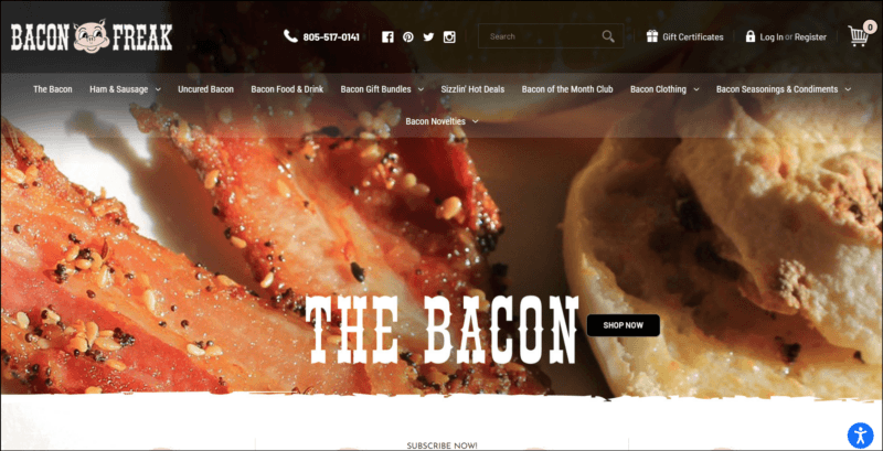 screenshot of Bacon Freak Bacon of the Month Club's web page with a black header bearing the website's name/logo and the navigation menu, underneath it is an image banner with text overlay 